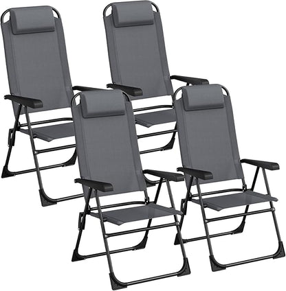 TLSUNNY Folding Patio Chairs Set of 4, Outdoor Lawn Chair w/ 5 Level Adjustable Teslin Back, Removable Headrest, Ergonomic Armrest, Foot Pad, All Weather for Camping, Garden, Pool, 300Lbs (4, Grey)