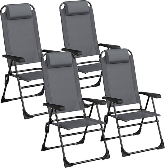 TLSUNNY Folding Patio Chairs Set of 4, Outdoor Lawn Chair w/ 5 Level Adjustable Teslin Back, Removable Headrest, Ergonomic Armrest, Foot Pad, All Weather for Camping, Garden, Pool, 300Lbs (4, Grey)