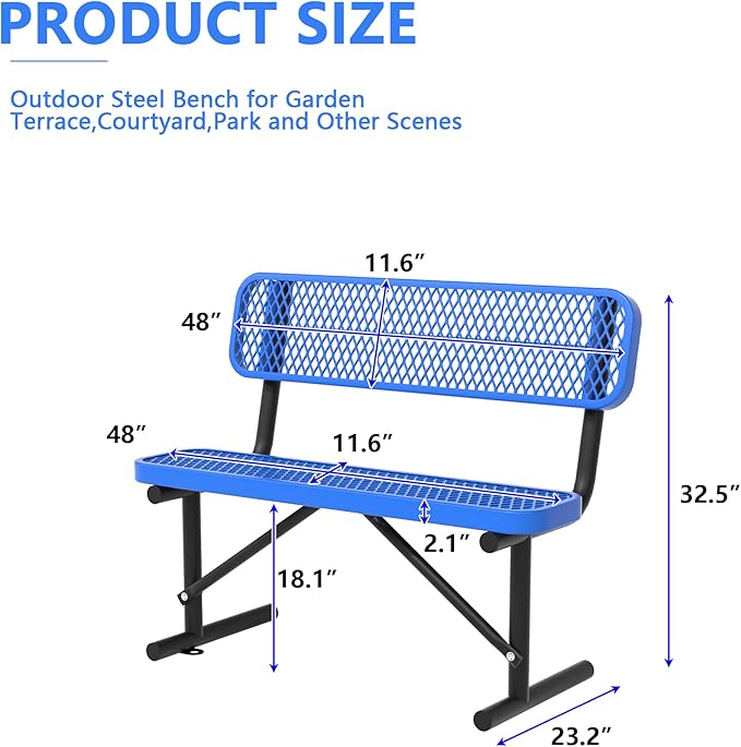 48" Metal Park Benches for Outside - Blue Outdoor Benches Heavy Duty Garden Weatherproof Bench with Backrest, Buddy Bench for Schools,Commercial Benches for Shopping Mall, Store, Yard, Patio