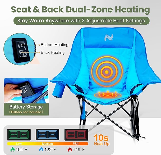 ABORON Heated Oversized Rocking Camping Chair for Adults, Fully Padded Folding Outdoor Lawn Chair with Side Pocket, Portable Recliner Chair for Camp, Patio, Backyard, Supports 400 lbs