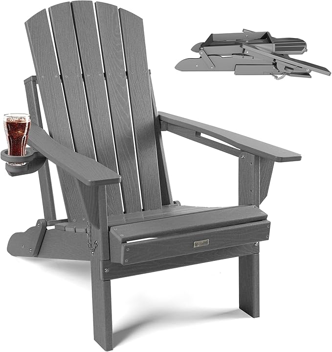 Adirondack Chair with Cup Holder: Folding Adirondack Chairs Plastic HDPE Material Furniture - Composite Fire Pit Chairs Foldable for Outdoor/Backyard/Garden/Lawn/Deck/Porch/Patio