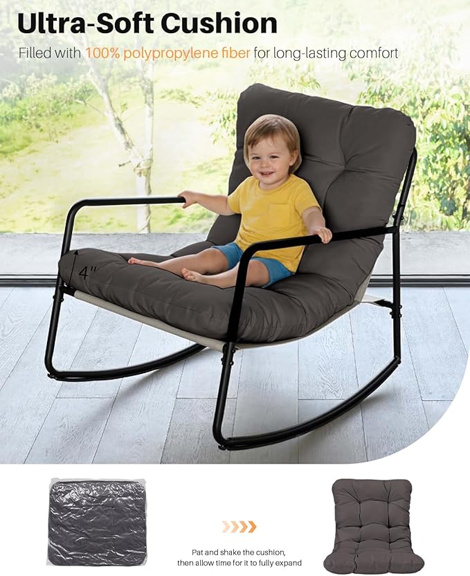 Outdoor Rocking Chair Set, 2-Piece Metal Patio Bistro Set with Patio Rocker Chair and Round Side Table, Outdoor Papasan Chair with Padded Cushion for Living Room, Apartment, Indoor, Dark Grey
