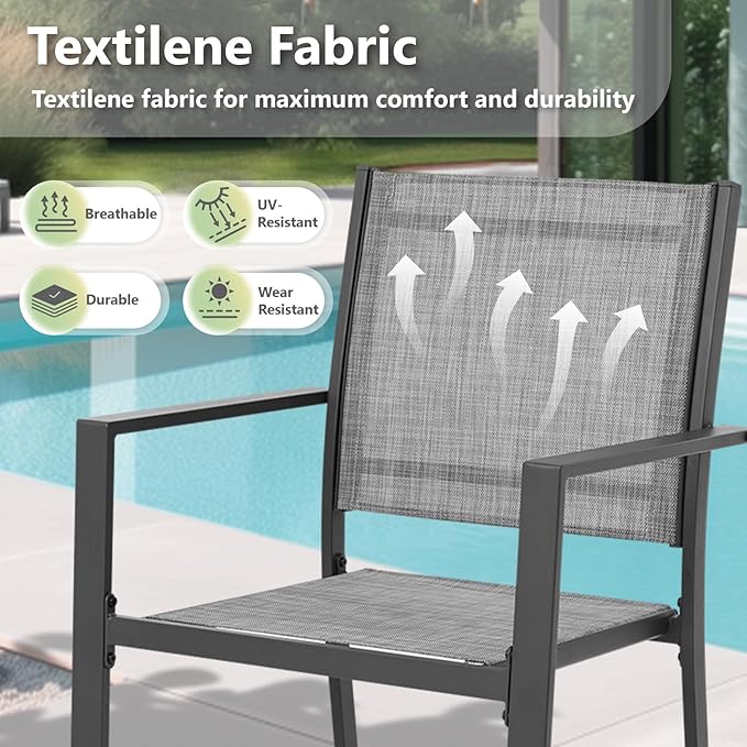 Patio Dining Chairs, All-Weather High-Resilience Textilene Outdoor Dining Chair Set of 4, Heavy-Duty Stackable Minimalist Outdoor Chairs with Armrest, Patio Chairs for Lawn Deck Pool, Grey