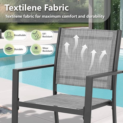 Patio Dining Chairs, All-Weather High-Resilience Textilene Outdoor Dining Chair Set of 4, Heavy-Duty Stackable Minimalist Outdoor Chairs with Armrest, Patio Chairs for Lawn Deck Pool, Grey