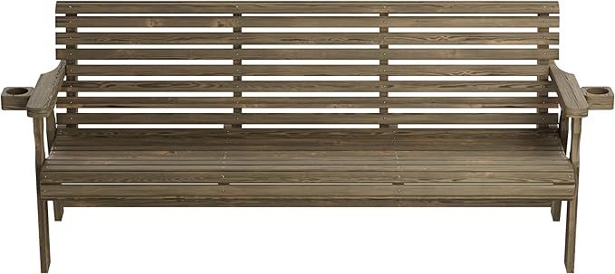 Amish Casual Heavy Duty 6 Foot Pressure Treated Outdoor Garden Bench in Dark Walnut Stain with Cup Holders - Amish Crafted Roll Back Design, 700 Lb Weight Capacity