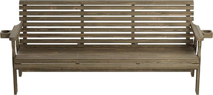 Amish Casual Heavy Duty 6 Foot Pressure Treated Outdoor Garden Bench in Dark Walnut Stain with Cup Holders - Amish Crafted Roll Back Design, 700 Lb Weight Capacity