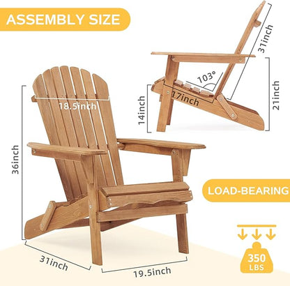 Folding Adirondack Chair Set of 2, Weather Resistant Folding Patio Lawn Chair for Outside Deck Garden Backyardf Balcony, Weather Wood, Wooden Fire Pit Chair, Brown