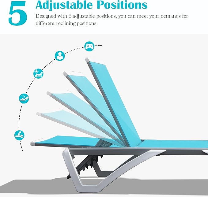 Domi Outdoor Lounge Chair Set of 3, Aluminum Patio Chaise Lounge with 5 Position Adjustable Backrest and Wheels, All Weather Reclining Chair for Patio, Yard, Balcony, Poolside (Lake Blue)
