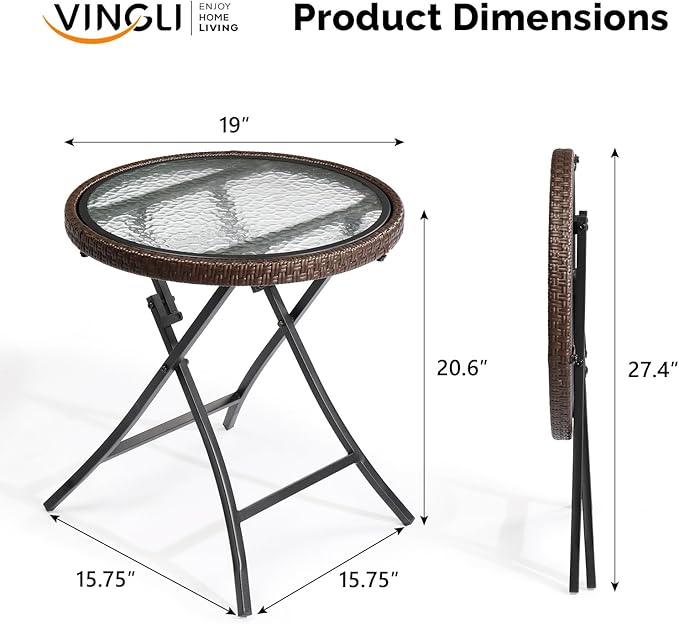 VINGLI 19in Modern Brown Rattan Folding Glass Outdoor Side Table, Small Patio Table with Tempered Glass Top,Round,1 Pack