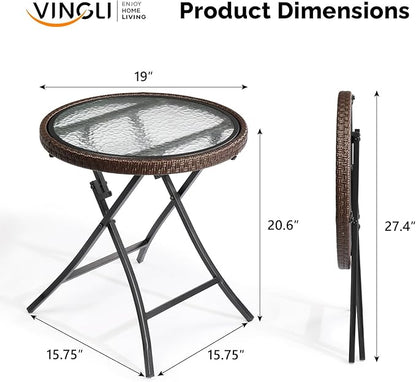 VINGLI 19in Modern Brown Rattan Folding Glass Outdoor Side Table, Small Patio Table with Tempered Glass Top,Round,1 Pack
