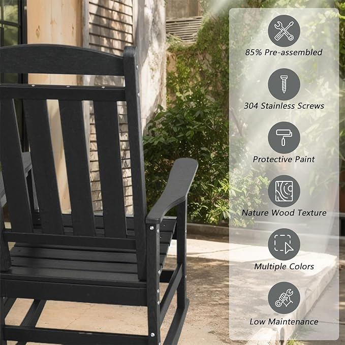 TenKa HDPE Patio Oversized Rocking Chair Set of 2, Outdoor Rocking Chair for Adults, All Weather Resistant Porch Rocker for Lawn Garden