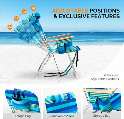 VINGLI 17" Tall Beach Chairs for Adults,Aluminum 4-Position Backpack Beach Chair with Wooden Armrests,Folding Lawn Chair for Outdoor, Camping, Patio