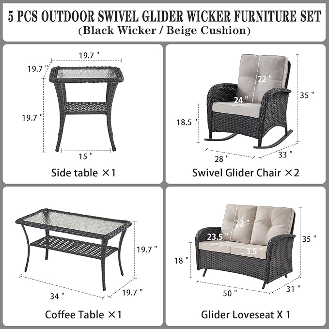 Belord 5 Piece Outdoor Conversation Patio Furniture Set - All-Weather Wicker Patio Rocking Chairs with Loveseat Glider - Photo 4