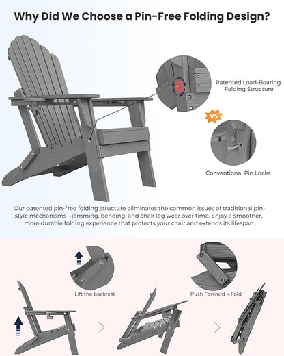 Oversized Adirondack Chair with Dual Cup Holders, Ergonomic High Back HDPE Fire Pit Chair, 380lbs Capacity All-Weather Outdoor Patio Lounge Chair for Garden, Deck, Yard - Grey