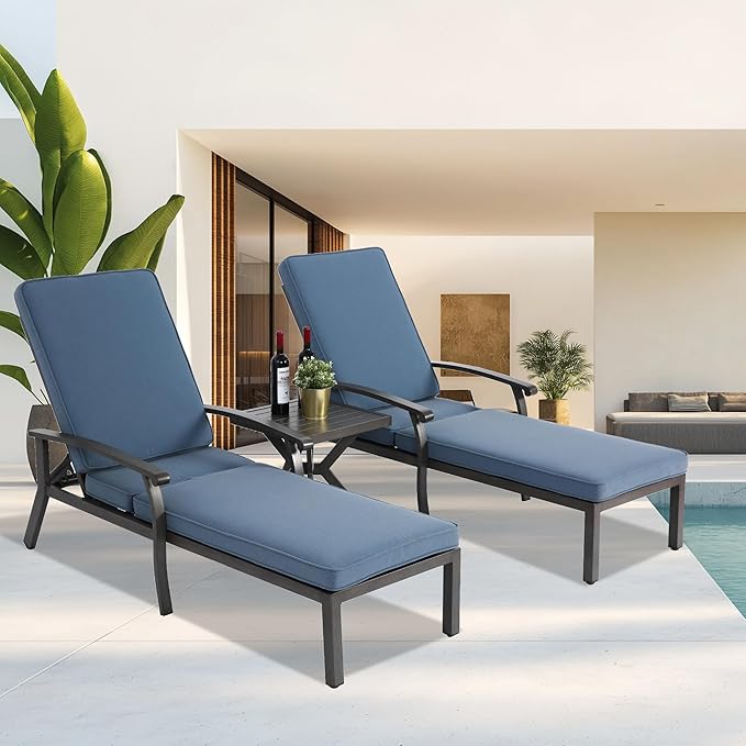 2 Chaise Lounge Chairs with 1 Side Table, Cast Aluminum Tanning Chair with Adjustable 5 Position Recliner - Photo 1