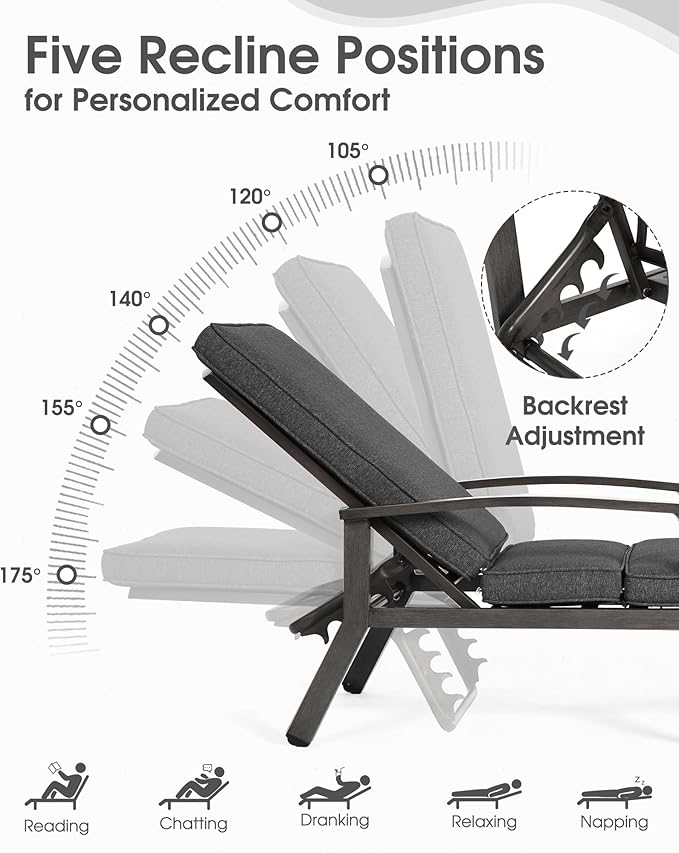 HOMEFUN Chaise Lounge Chair Set of 2, Hand-Finished Wood Grain Cast Aluminum Reclining Loungers with Cushions - Photo 3
