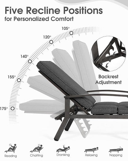 HOMEFUN Outdoor Chaise Lounge Chair 3-Piece Set, Hand-Brushed Wood Grain Cast Aluminum Recliners with Side Table, 5-Position Adjustable Backrest and Hidden Wheels Patio Lounge Chair, Grey
