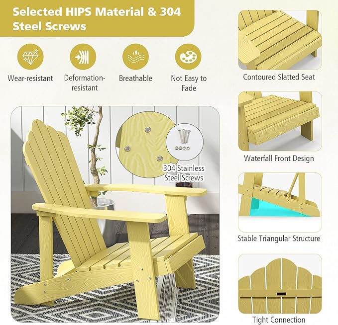 Tangkula Oversized Adirondack Chair, Patio Lounge Chairs w/Adjustable Cup Holder, HIPS Armchairs Slatted Chair, Outdoor Weather Resistant Fire Pit Chair for Deck Backyard Garden Porch (1, Yellow)