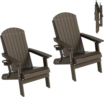 HDPE Foldable Adirondack Outdoor Chair Set of 2 with Cup Holder, Weather Resistant Heavy-Duty Patio Chair for Patio, Backyard, Deck, Fire Pit, Lawn and Porch, Brown