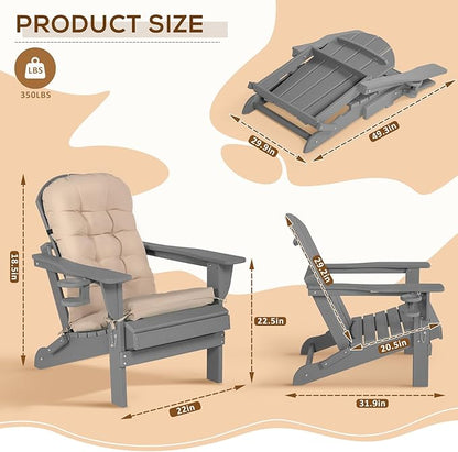 Adirondack Chair Set of 2 with Cushion & Cup Holder, HDPE Folding Adirondack Chairs with Wood-Like Grain Outdoor Fire Pit Chairs for Patio/Porch/Swimming Pool/Camping (Grey)