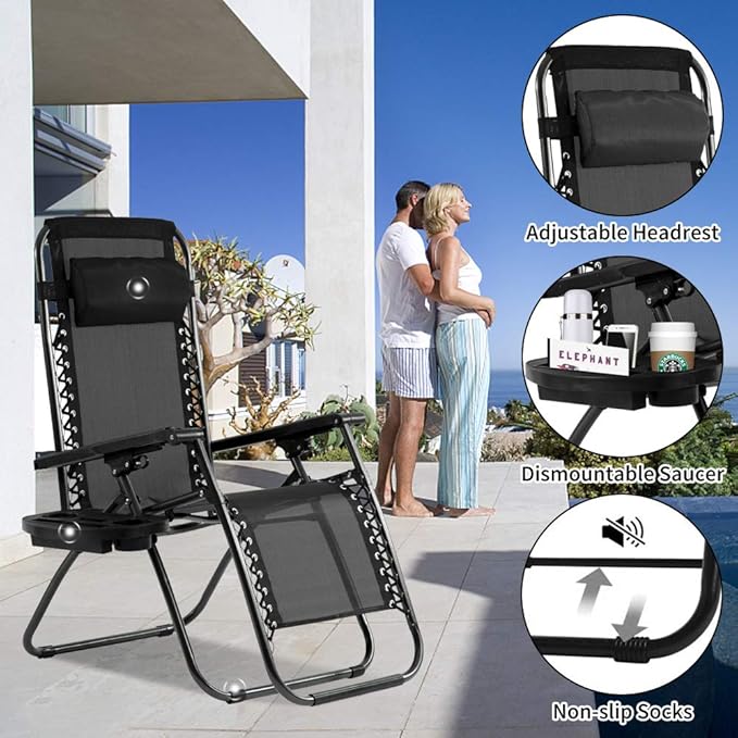 Zero Gravity Chair Patio Chair Lounge Chair Chaise 2 Pack Outdoor Folding Adjustable Recliner Chair with Cup Holder Tray and Pillows for Patio, Pool, Beach, Lawn, Deck, Yard - Black