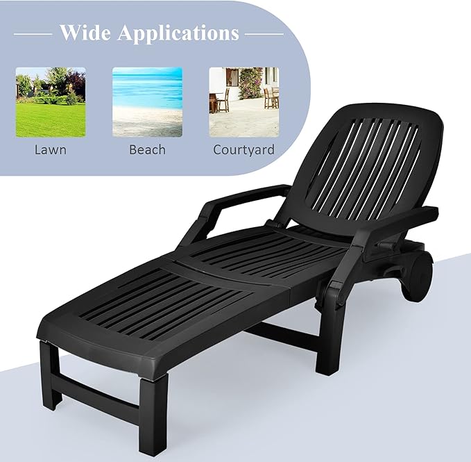 Giantex Chaise Lounge Outdoor, 6 Adjustable Backrests Lounge Chair Recliner, Outdoor Furniture for Patio Poolside Garden, Foldable Sun Lounger with Wheels (1, Black)