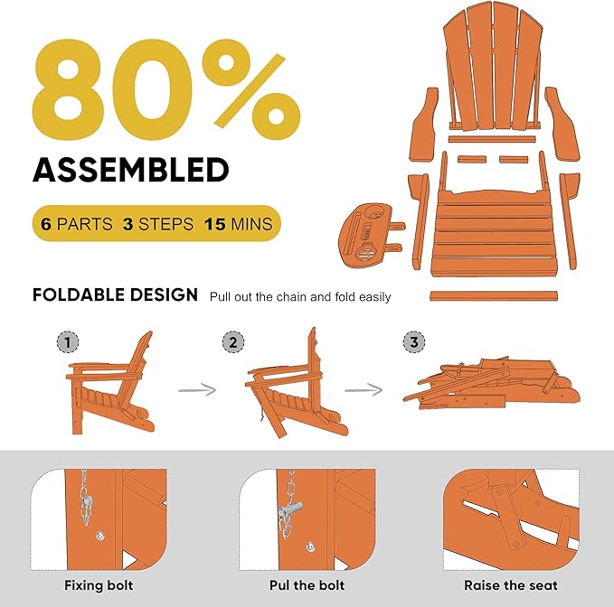 Adirondack Chair Set of 6, HDPE Folding Adirondack Chair with Multifunctional Cup Holder - Photo 6