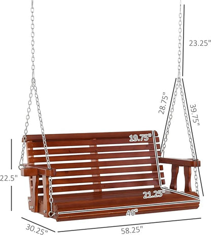 Outsunny Porch Swing with Chains and Cupholders, 2 Person Wooden Patio Swing Chair, 440 lbs. Weight Capacity, for Garden, Poolside, Backyard, Brown