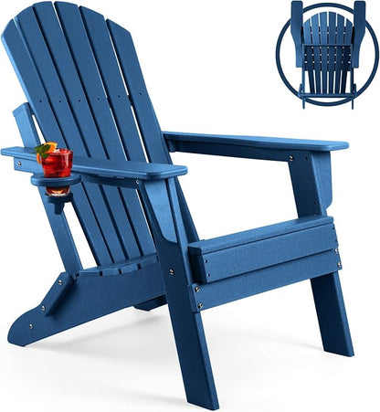 FUNBERRY Folding Adirondack Chair, All Weather HDPE Fire Pit Chairs with Cup Holder for Outdoor
