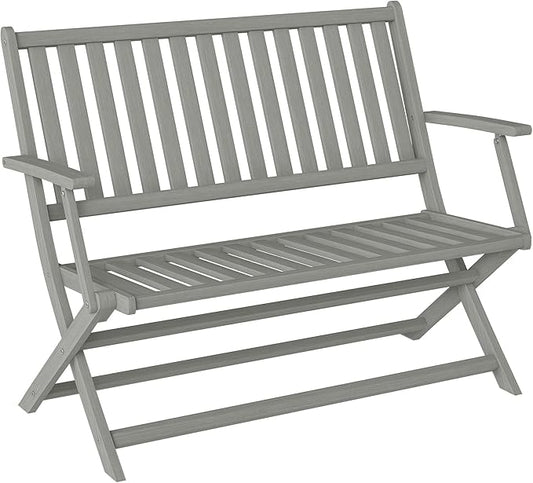 Outsunny Wood Outdoor Bench, 2-Person Foldable Patio Acacia Wood Garden Bench with Backrest and Armrests for Garden, Porch, Park, Balcony, Gray