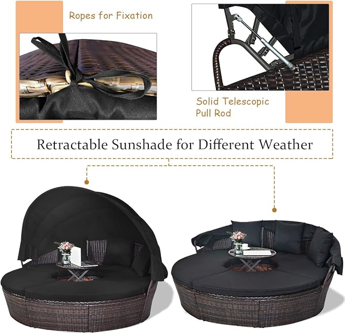 Tangkula Patio Round Daybed with Retractable Canopy, Outdoor Wicker Rattan Furniture Sets - Photo 6