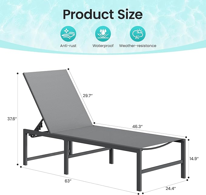 Amopatio Outdoor Patio Lounge Chair, Adjustable Heavy-Duty Chaise Lounge for Poolside, Weather Resistant Pool Lounge Furniture Set with Table for Backyard Beach, 400 LBS Capacity(Gray)