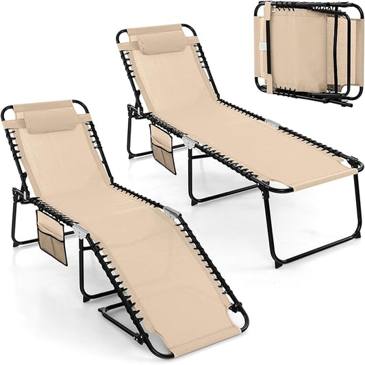 Tangkula Beach Lounge Chair for Outside, Folding Chaise Lounge Outdoor with 4-Position Backrest, Removable Headrest and Side Pocket, Portable Sunbathing Tanning Chair for Patio, Poolside (2, Beige)