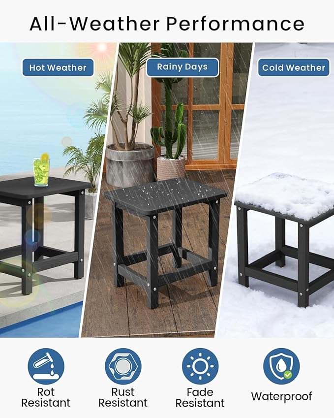 Set of 2 HDPE Outdoor Side Table, Weatherproof Small Outdoor Table for Adirondack, 16.6-Inch Patio Square End Tables for Garden, Backyard, Porch, Deck, Balcony, Poolside (Black)
