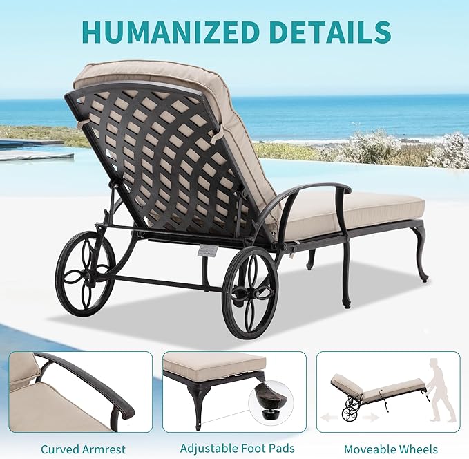 HOMEFUN Outdoor Chaise Lounge Chair with Cushion - Poolside Set of 1 Chair for Outside Cast Aluminum Waterproof Lounger with Wheels and Adjustable Reclining (Beige Cushion)
