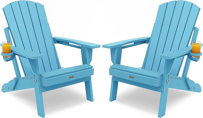 Adirondack Chair with Cup Holder: Adirondack Chairs set of 2 Plastic HDPE Material Furniture - Composite Fire Pit Chairs Foldable for Outdoor/Backyard/Garden/Lawn/Deck/Porch/Patio