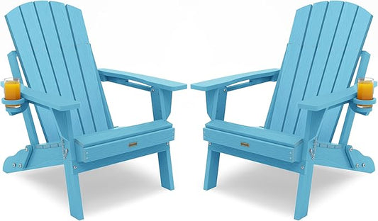 Adirondack Chair with Cup Holder: Adirondack Chairs set of 2 Plastic HDPE Material Furniture - Composite Fire Pit Chairs Foldable for Outdoor/Backyard/Garden/Lawn/Deck/Porch/Patio