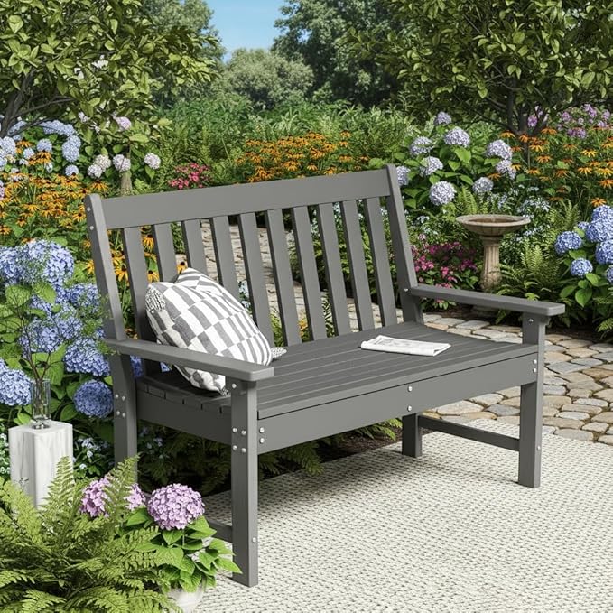 Tangkula HDPE Outdoor Garden Bench with Backrest, 2-Person All-Weather Patio Loveseat Chair with Slatted Seat, 705 lbs Weight Capacity, Patio Benches for Balcony, Garden, Porch, Backyard & Park, Grey