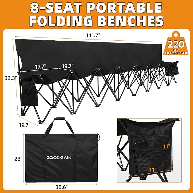 G GOOD GAIN Portable Soccer Bench - Team Bench Soccer 8 Seats with Bag, Sideline Folding Bench, Folded Chair Seating 8 for Football Camp Outdoor Sport Events, Team Chairs for Adults, Black