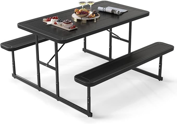 Giantex Picnic Table Bench Set for 4 People, 4.5FT Outdoor Rectangular Dining Table & 2 Benches w/Umbrella Hole - Photo 1