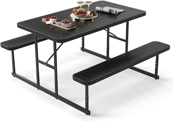 Giantex Picnic Table Bench Set for 4 People, 4.5FT Outdoor Rectangular Dining Table & 2 Benches w/Umbrella Hole - Photo 1