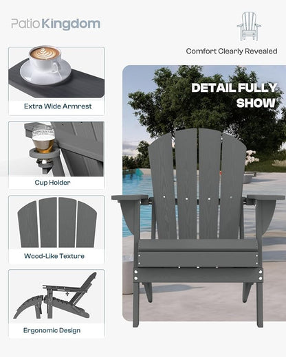 Grey 6-Piece Folding Adirondack Chair Set with Cup Holders, Ottomans, Side Table & Beige 11FT Cantilever Umbrella with Base, HDPE Outdoor Chairs