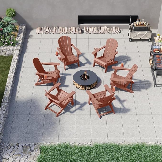 Folding Adirondack Chairs with Cup Holders, Set of 4 HDPE Plastic Outdoor Chairs, Weather Resistant, Real Wood Look - Photo 6