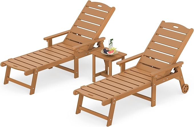 LUE BONA Chaise Lounge Chairs Set with Table, 3-Piece, 79'' Oversized HDPS Chaise Lounger - Photo 1