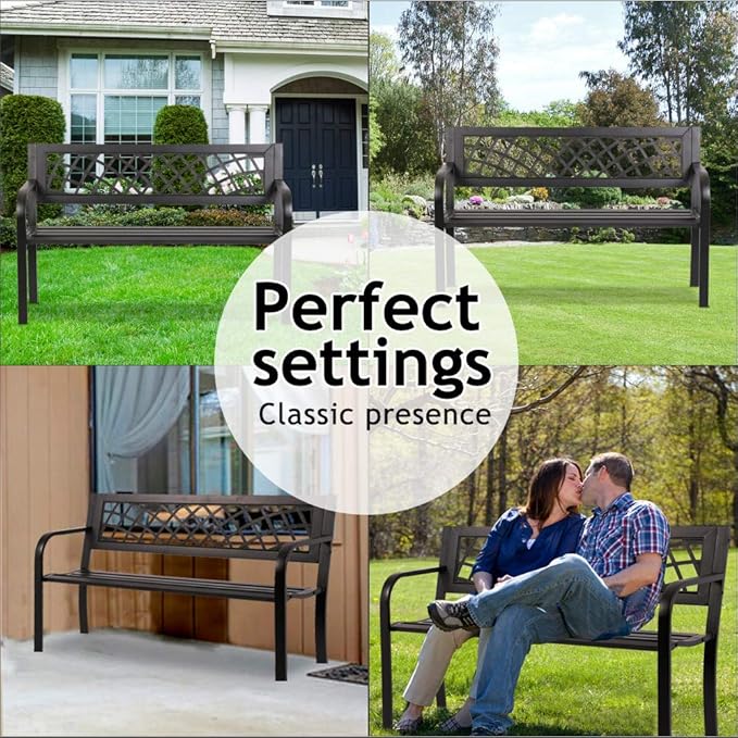 Anti-Rust Metal Bench Garden Bench with Back Porch Benches for Outdoor Cast Iron Steel Frame Chair Waterproof,Black, 480 lbs, 45 inches x21.7 inches x30 inches (LxWxH)