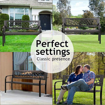 Anti-Rust Metal Bench Garden Bench with Back Porch Benches for Outdoor Cast Iron Steel Frame Chair Waterproof,Black, 480 lbs, 45 inches x21.7 inches x30 inches (LxWxH)