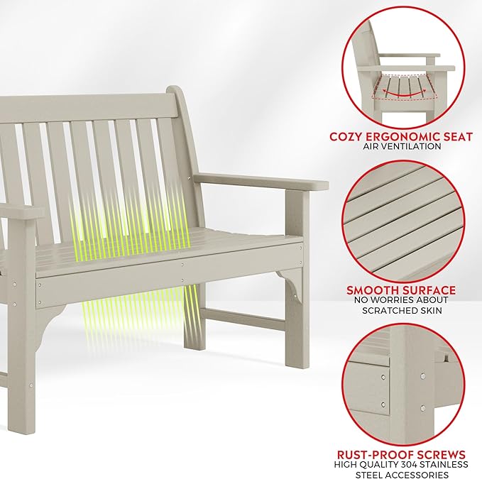 Costaelm Garden Bench, Farmhouse Park Front Porch for Entryway Bench Outdoor Seating Low Bench Patio Bench Outside/Indoor, Sand