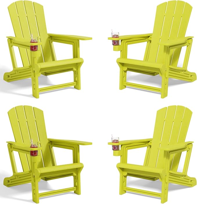 FONTOI Adirondack Chair, Plastic Adirondack Chair with Cup Holder, Outdoor Weather Resistant Lawn Furniture, 400 LBS Capacity Recliner, Garden Backyard Patio Without Screws Install, Set of 4 Yellow