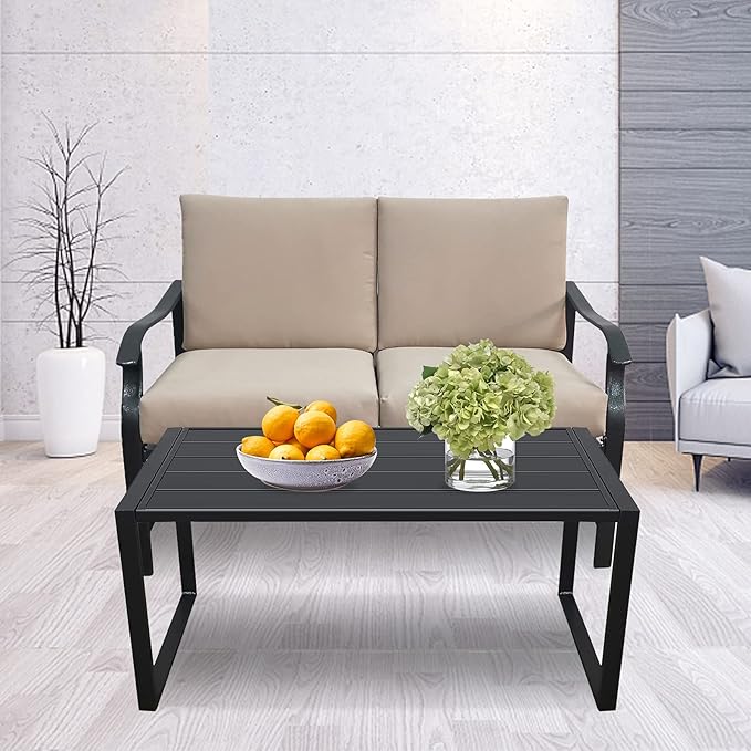 Homvent Outdoor Patio Furniture Love Seat And Coffee Table Set, Outdoor Bench Patio Loveseat Bench with Cushion and Metal Frame, Loveseat Furniture Set Sofa for Garden, Yard, Patio or Poolside (Beige)