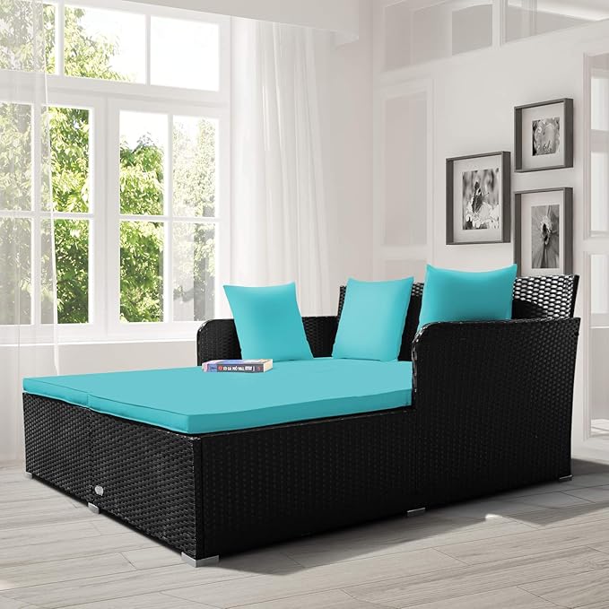 COSTWAY Outdoor Patio Rattan Daybed, Sponge Cushioned Loveseat Sofa with 4 Pillows, Wicker Furniture Sunbed for Balcony - Photo 4